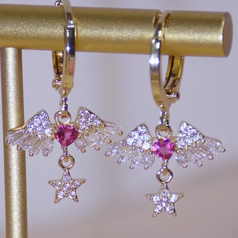 14K Gold Diamond Love Angel Wing Earrings